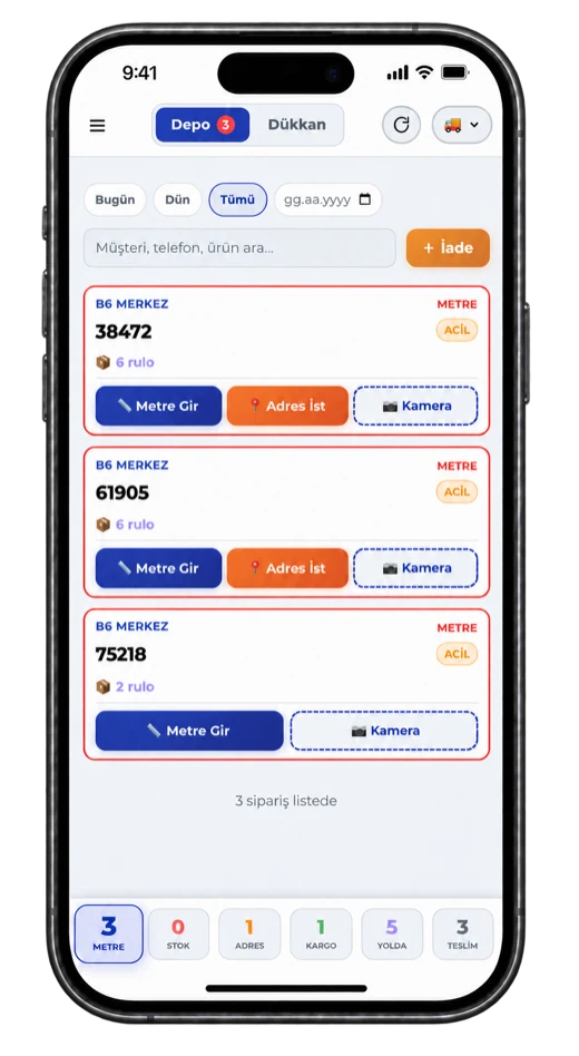 Depo telefonu — gelen siparişler, metre girişi ve durum sayaçları